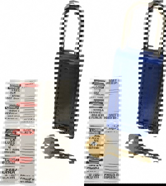 Lockout Padlock: Keyed Different, Key Retaining, Thermoplastic, Steel Shackle, Blue